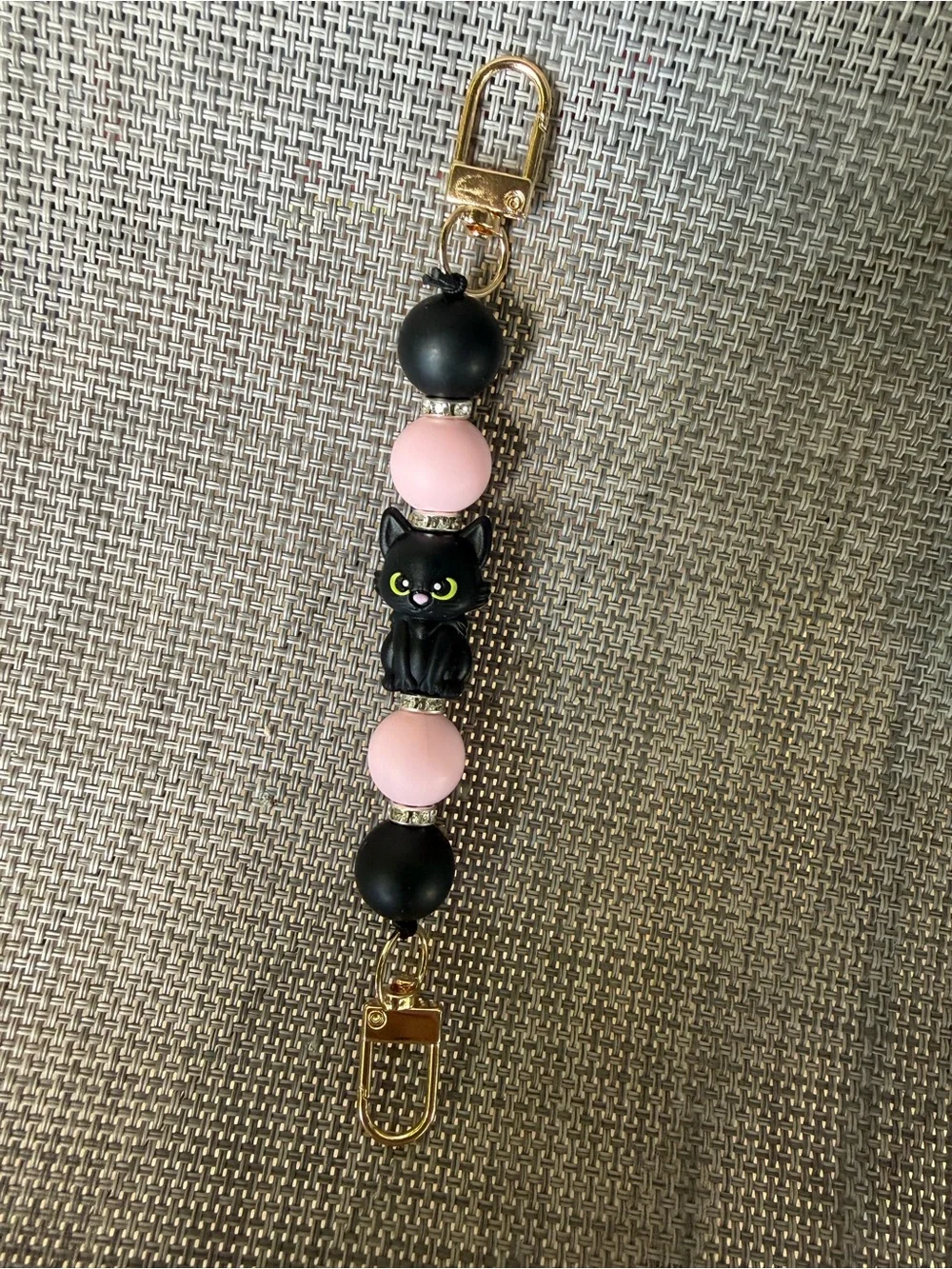 Black & Pink Cat Beaded Phone Strap with Gold Clips